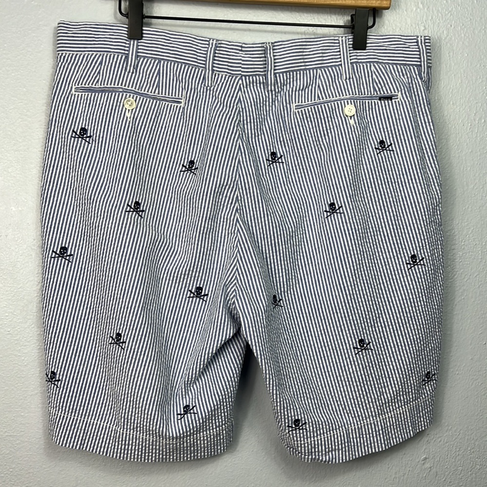 Polo Ralph Lauren Blue & White Stripe Seersucker Skull Embroidered Shorts 36 - Picture 4 of 7